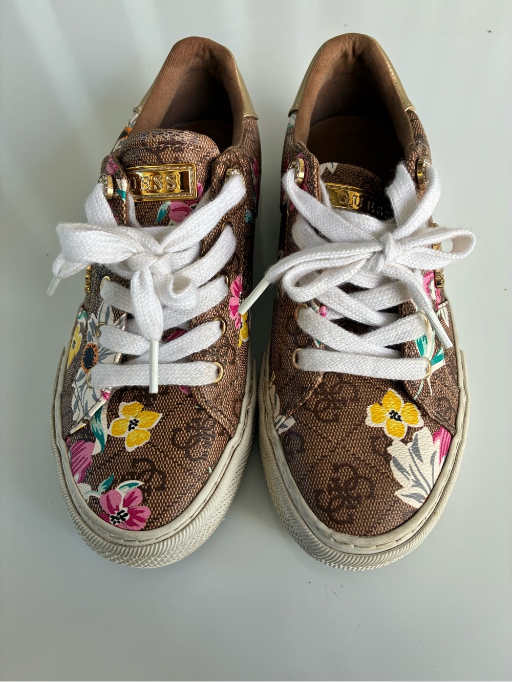 Guess Brown Floral Low-Top Sneakers with White Laces